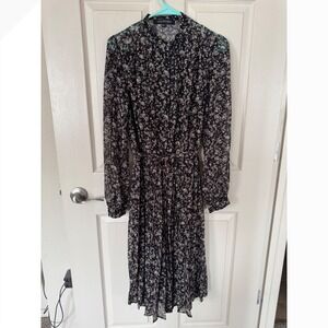 Top Secret Floral Print Pleated Midi Dress Long Sleeve Black Size 40 q2‎